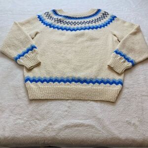Vintage Hand Knit  Cream and Blue Tone Fair Isle Knit Sweater